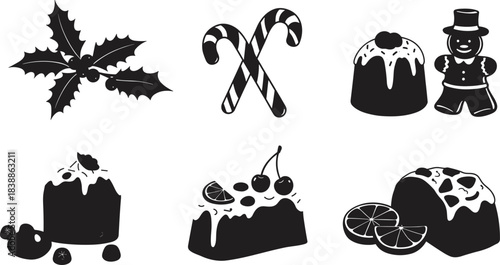 Christmas pudding silhouette set, festive holiday dessert icons, fruitcake slice vector, candy cane and holly decoration, seasonal sweet treat graphic pack