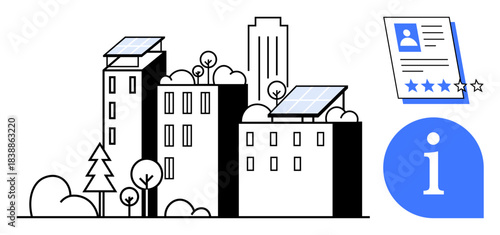 Urban buildings featuring solar panels, trees, and a profile document with a rating icon. Ideal for renewable energy, green living, urban planning, eco-innovation, sustainability, data sharing