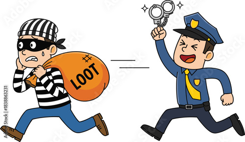 Police chasing thief cartoon, loot sack crime sketch, action and justice vector, law enforcement illustration, playful pursuit concept