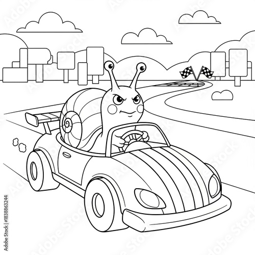 Angry snail driving race car on track black and white outline for coloring
