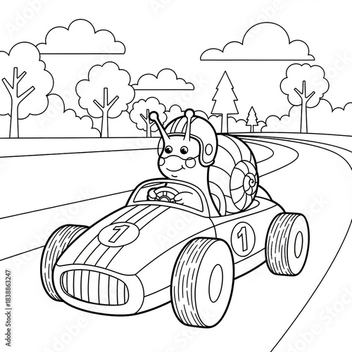 Cute snail driver in a racing car on the track black and white outline