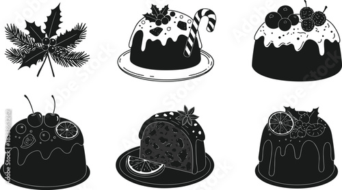 Christmas pudding silhouette set, festive holiday dessert icons, fruitcake illustration, seasonal sweet treat vector, traditional winter celebration food graphic