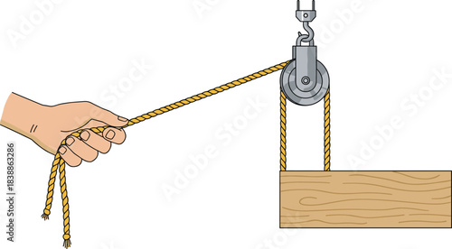 Pulley system illustration, mechanical advantage concept, physics vector sketch, rope tension setup, simple machine drawing, educational engineering design