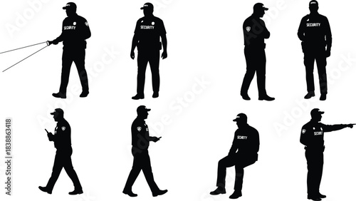 Security guard silhouettes in uniform, walking, sitting, pointing, using phone, holding leashes, casual and alert posture illustration
