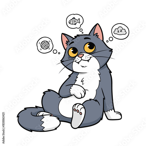 expression of a fierce cat character who is daydreaming