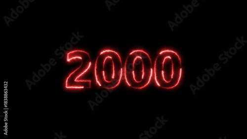 2000 Sal neon bright number red color 4k illustration. Clock icon 2000-year beautiful neon text concept on black background.