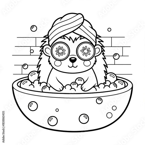 Cute hedgehog in a bubble bath with cucumber slices on eyes coloring page