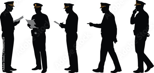 Pilot silhouettes in uniform with caps, professional poses, reading, writing, pointing, walking, thinking, aviation roles, airline crew illustration