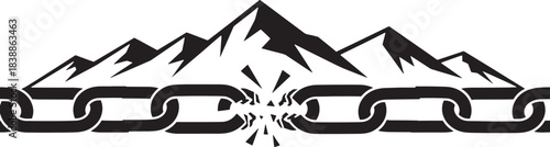 Mountains above a broken chain Link Keywords: mountains, peaks, chain, link, broken, strength