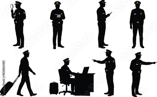 Police officer silhouettes in uniform with yellow accents, various poses, investigation, travel, technology, authority, teamwork, law enforcement illustration