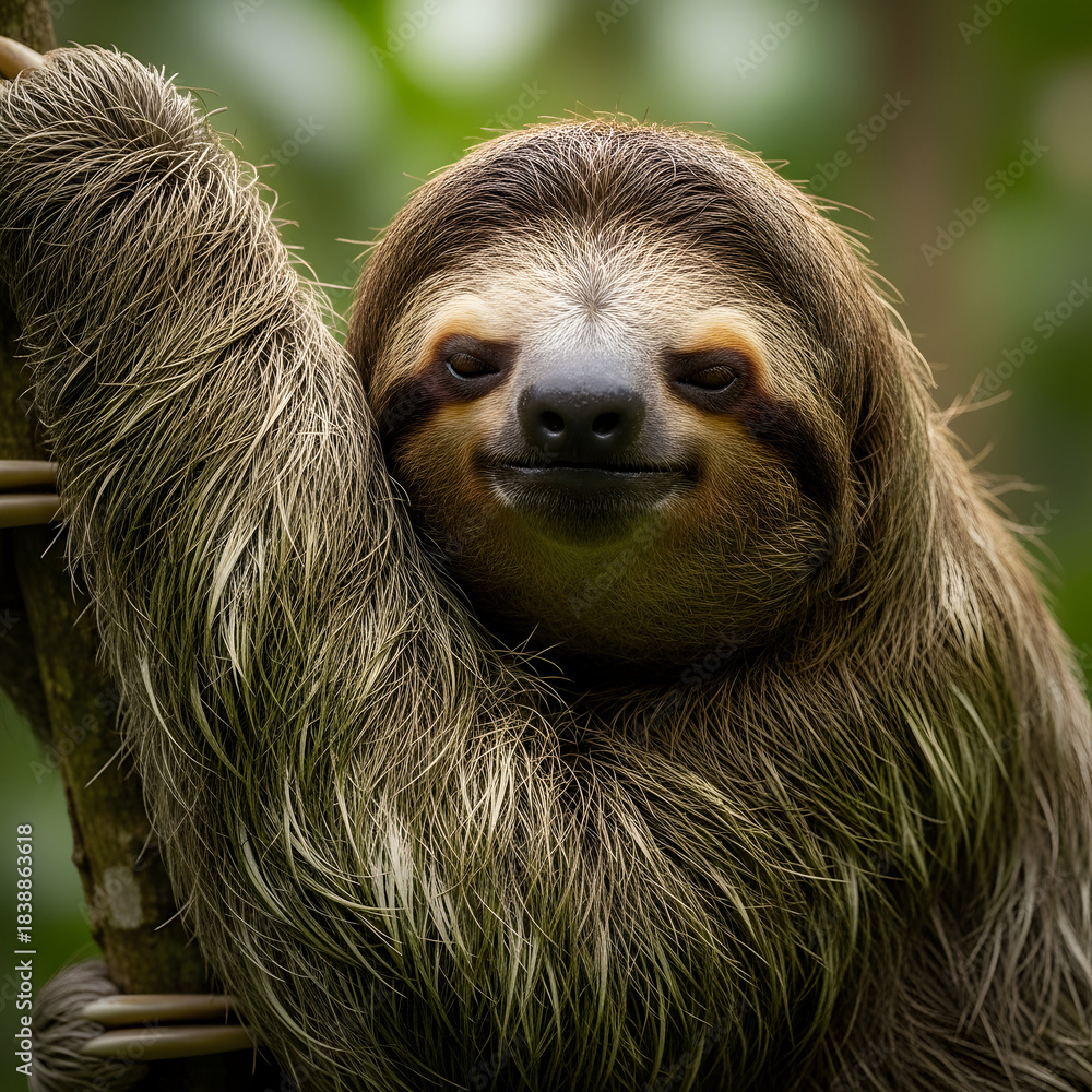 Naklejka premium Close up of a smiling sloth in a tropical forest