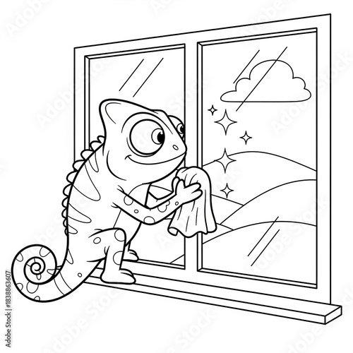 Chameleon cleaning a window with a cloth on sunny day coloring page