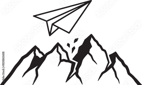 Paper airplane flying over jagged mountain peaks origami