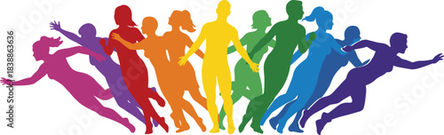 Rainbow spectrum human silhouettes in motion, diverse people dancing walking running, abstract colorful community unity concept symbolizing inclusion, equality, celebration, energy