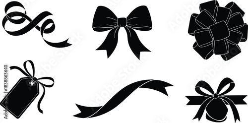 Ribbon and bow silhouette set, gift wrap icons, festive decoration elements, black vector illustration, holiday graphic design, celebration accessory shapes
