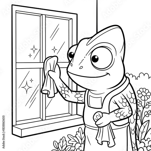 Happy chameleon in an apron cleaning a window in a garden coloring page