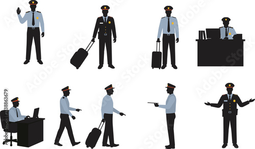 Security personnel illustrations, airport uniform vector, travel enforcement clipart, suitcase and desk scenes, interaction poses, graphic design set