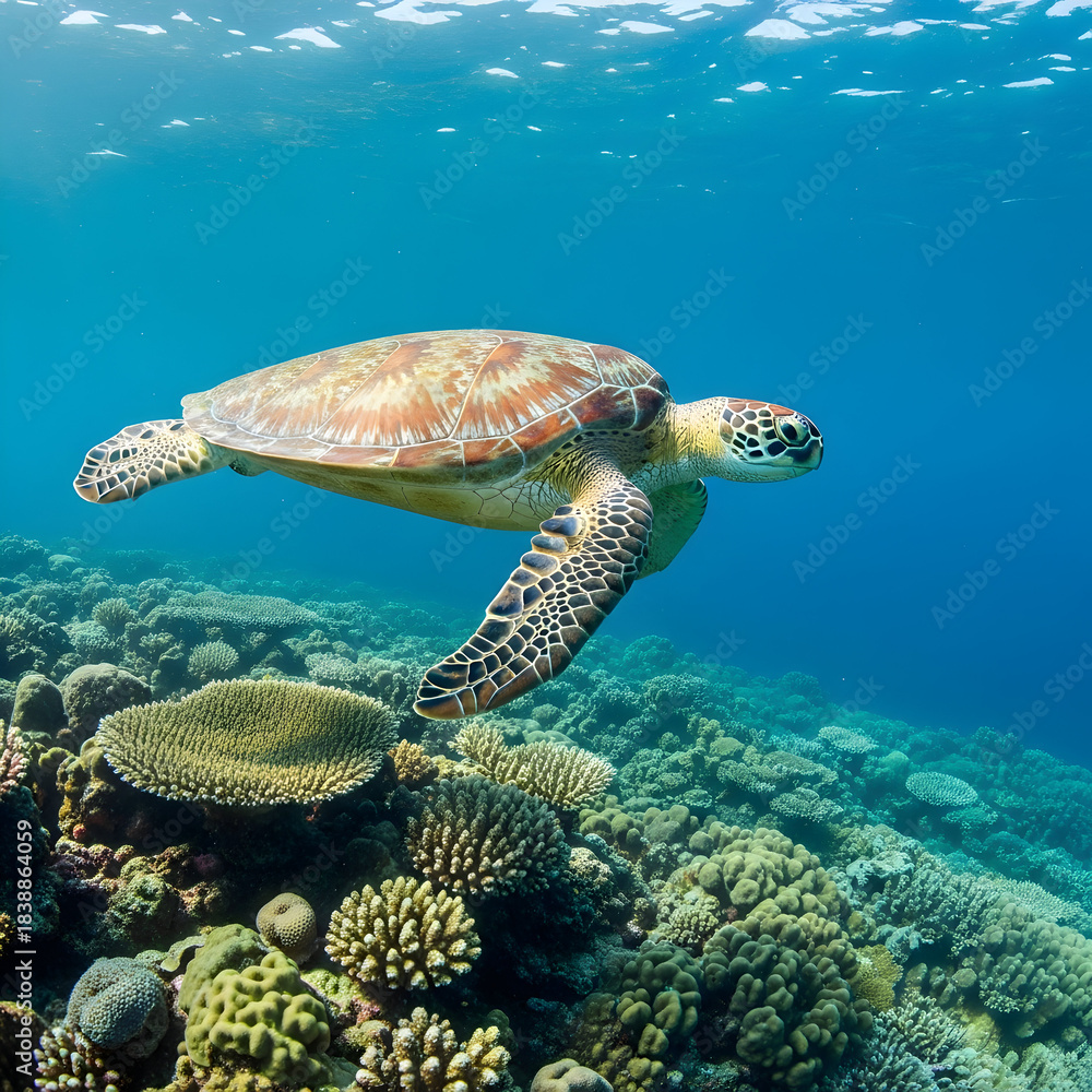 Fototapeta premium Majestic green sea turtle swimming in coral reef habitat