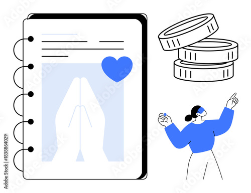 Nonprofit support, financial donations, online education, fundraiser events, virtual engagement, volunteer efforts. Notebook with hands in prayer, coins individual gesturing. Fundraising