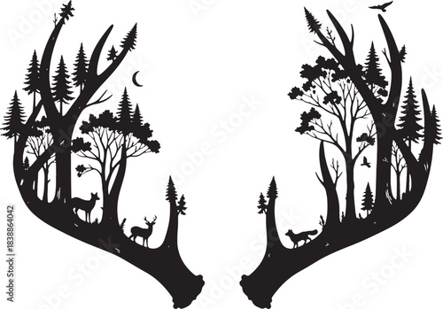 Silhouette of forest landscape within deer antlers Keywords: deer antlers, forest, trees, nature
