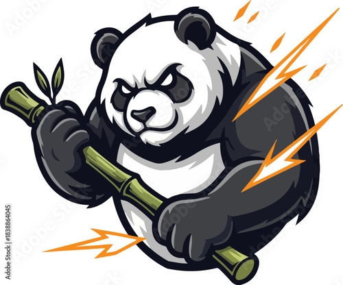 Panda mascot clutching a bamboo stick