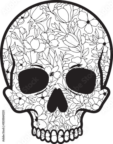 Skull filled with floral pattern flowers leaves
