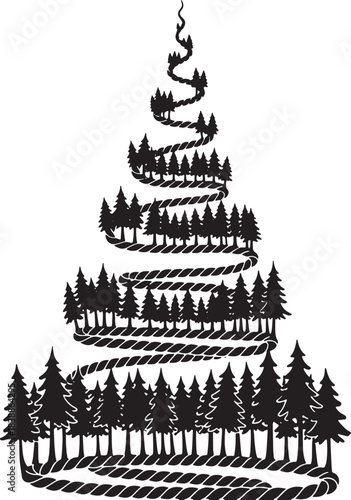 Spiral Christmas Tree Made of Pine Trees and Rope forest
