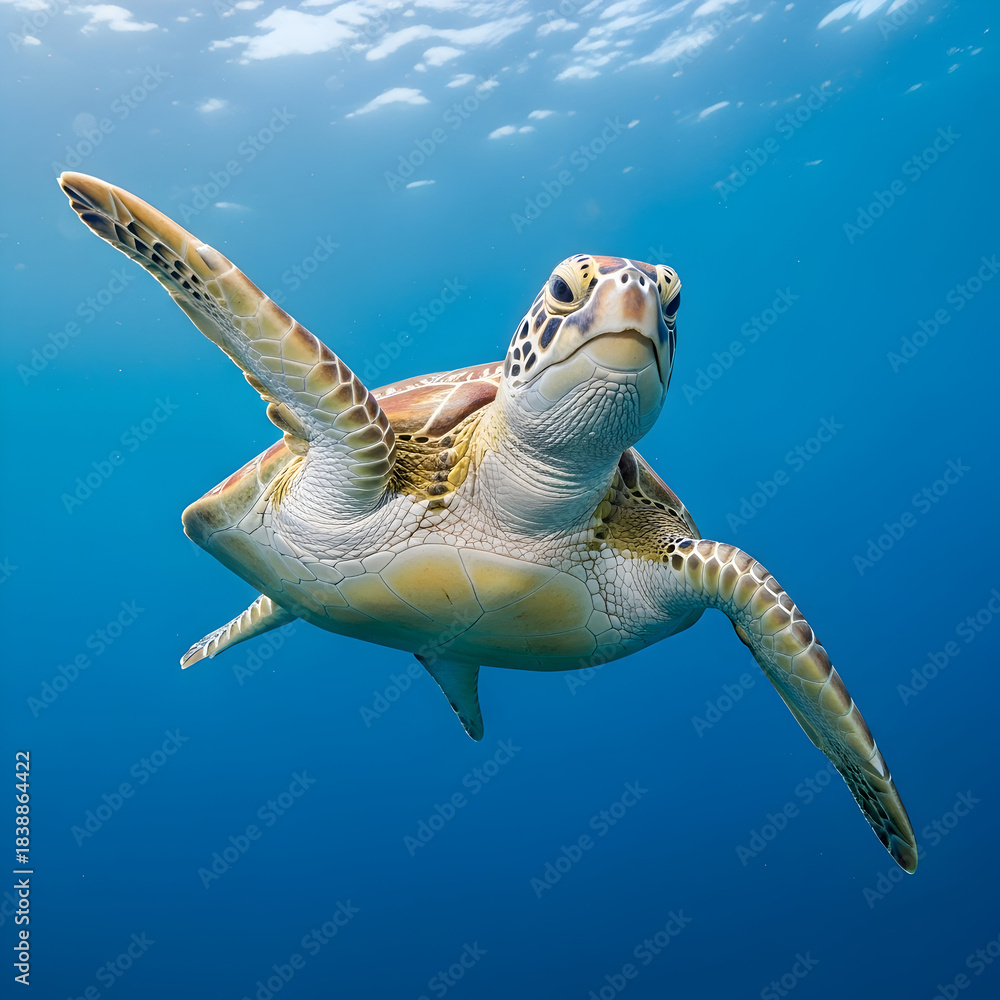 Obraz premium Hawksbill sea turtle swimming gracefully in blue ocean waters