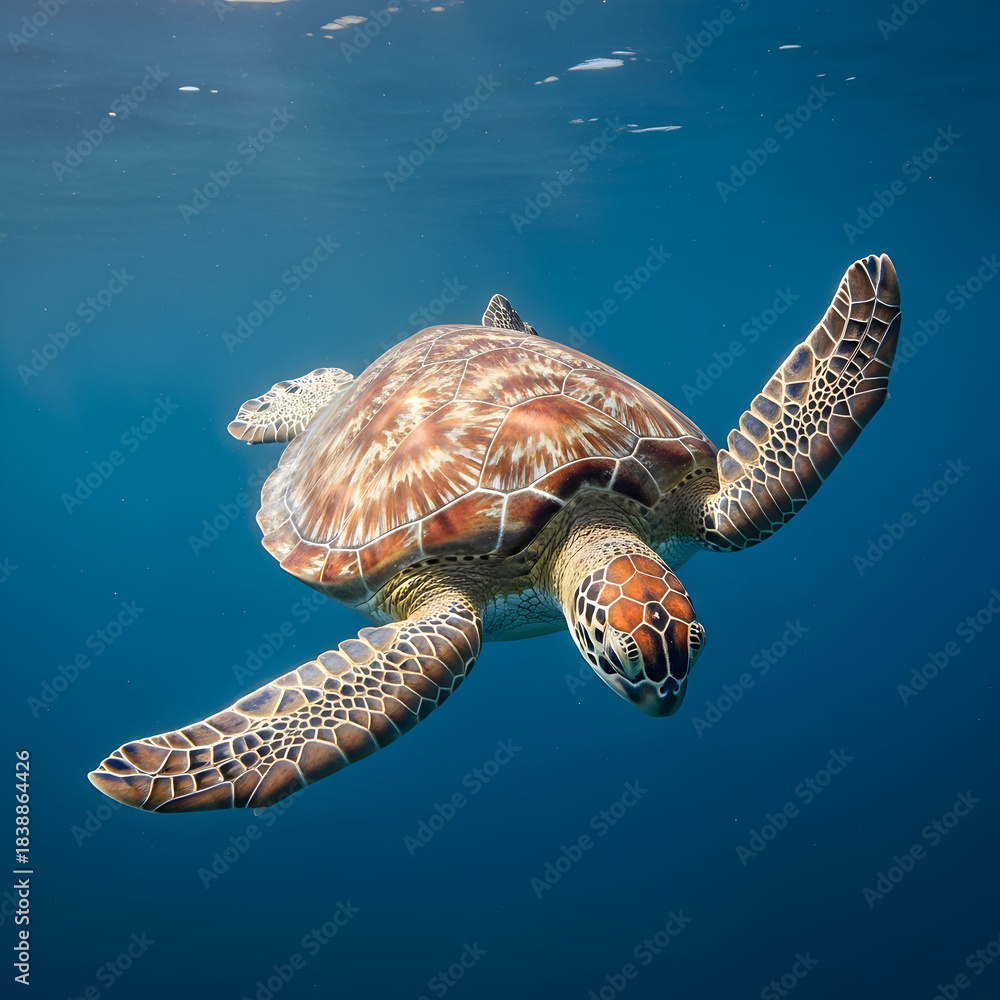 Obraz premium Hawksbill sea turtle swimming gracefully in deep blue ocean