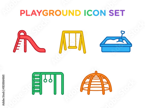 Colorful Playground Icon Set Featuring Various Play Equipment for Children.