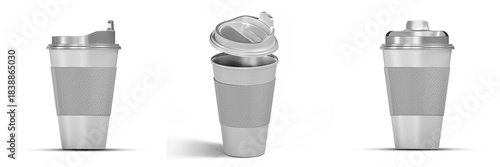 Premium Disposable Coffee Cup Mockup Set with Sleeve and Lid in Multiple Angles for Hot Drink Branding, Packaging Design, and Professional Takeaway Presentation