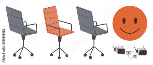 Rotating office chairs with one selected in orange, happy face icon, and small translation devices. Ideal for teamwork, collaboration, hiring, decision-making, evaluation, positivity leadership