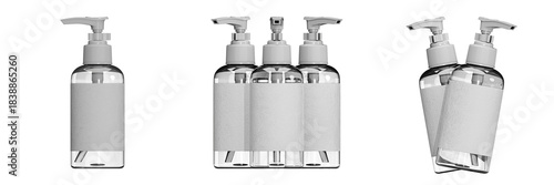Clear Cosmetic Dispenser Bottles 3D Render Set: Transparent Pump Containers for Hand Sanitizer, Liquid Soap, Shampoo and Skincare Packaging Mockup Essentials