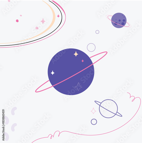 Pastel Space Doodle Background with Planets and Rings, Playful cosmic illustration featuring purple ringed planets, orbits and sparkles on a light background
