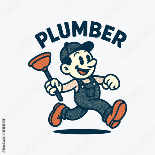Retro Plumber Mascot Logo – Running Character with Plunger, Cheerful vintage cartoon plumber running with a plunger and arched wordmark. Textured retro style ideal for plumbing brand identity