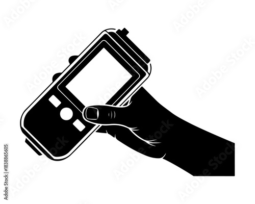 Vector illustration of a hand holding a portable electronic device with a blank screen, useful for technology concepts, digital interaction, and mobile gadget designs