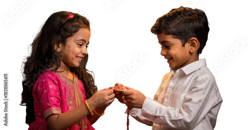 Brother and sister exchanging rakhi isolated on a transparent background