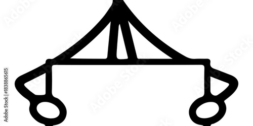 Minimalist hand-drawn doodle of an abstract structure resembling a suspended canopy or a simple tent with two hanging elements, perfect for modern design concepts and playful graphic assets