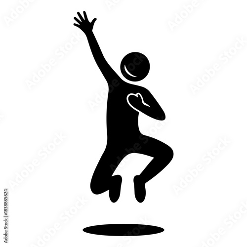 Vibrant stick figure icon depicting a person energetically leaping in the air with one arm raised, symbolizing pure joy, success, and freedom