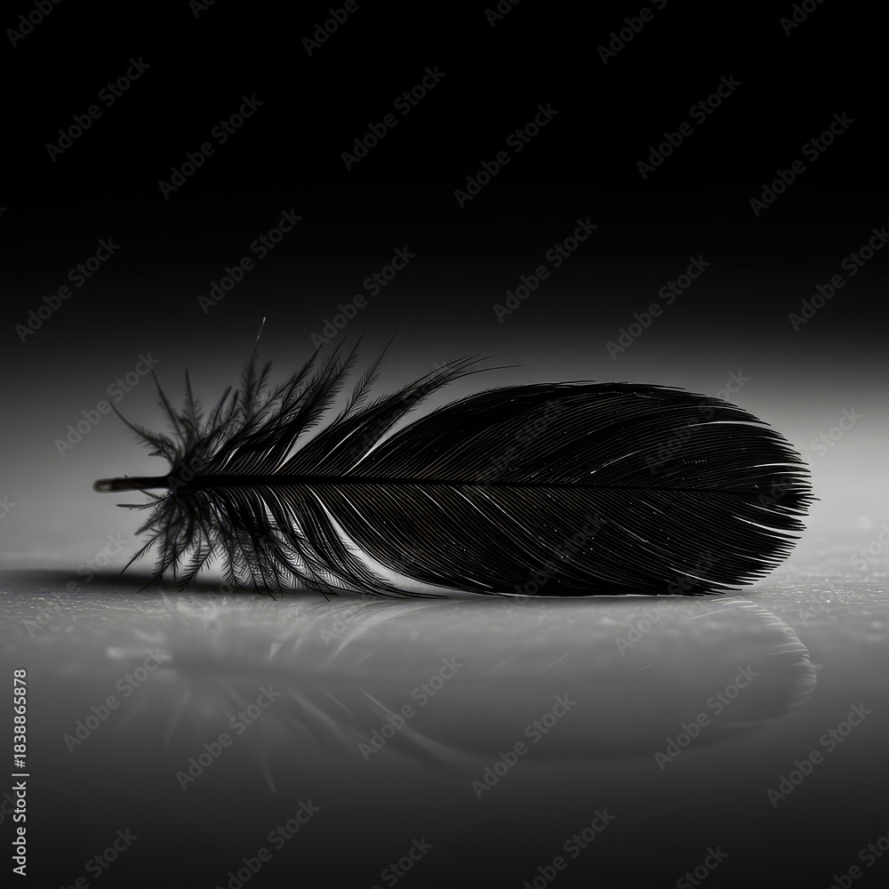 Fototapeta premium Detailed macro shot of a single raven black feather resting on a smooth surface, emphasizing texture, softness, and dramatic lighting ,lightweight ,natural ,airiness