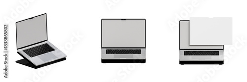 Set of Three Modern Silver Laptop 3D Rendering Mockups with Blank Screen for UI UX Website Design, App Interface Presentation, Digital Product Showcase, and Professional Technology Display