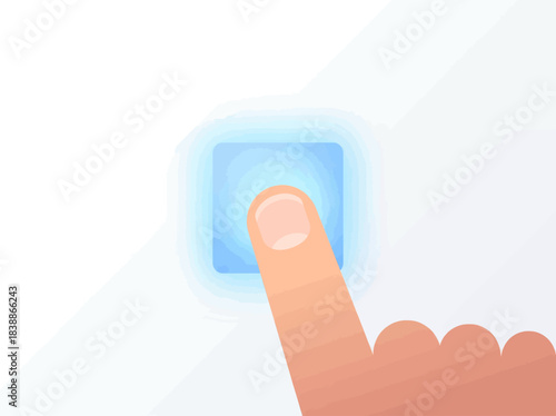 Finger pressing glowing blue button on a white surface.