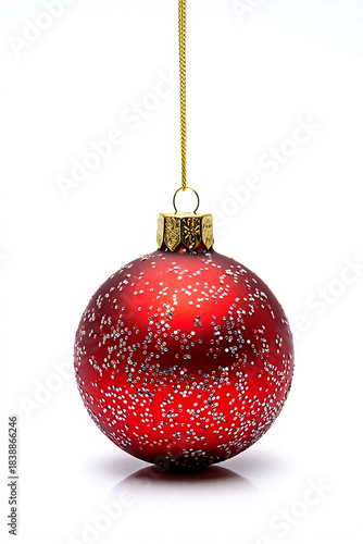 Sparkling red christmas ornament hanging on gold string