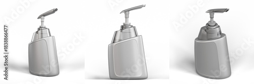 Premium 3D Mockup Set of Three Modern Soap Pump Bottles for Body Wash, Shampoo, and Lotion Packaging Showcasing Clean Minimal Design for Professional Cosmetic Branding Presentation