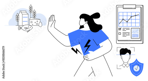 Food allergies, nutrition tracking, health monitoring, dietary choices, wellness management, healthy eating. Woman gesturing no to foods. Food allergies and nutrition tracking concept