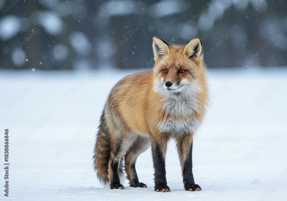 Obraz premium A majestic wild red fox stands alertly in a pristine, snowy landscape, showcasing its thick, insulating winter fur coat ,looking ,white ,red fox