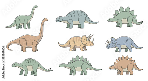A collection of cute cartoon dinosaurs featuring various types like long-necked sauropods, stegosaurus, and triceratops, in a hand-drawn style.
