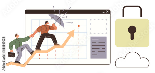 Two individuals climbing a growth chart, one shielding arrows with an umbrella, next to a lock and cloud. Ideal for teamwork, growth, protection, business strategy, risk management, cybersecurity