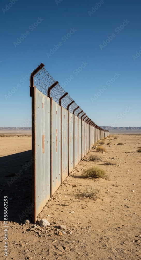 Obraz premium A weathered security wall stretches across a barren, sun-baked landscape, symbolizing perimeter defense and constant vigilance in the arid south ,vigilance ,barrier ,watch