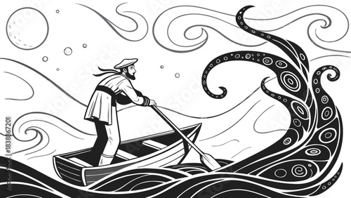 A lone sailor battles monstrous tentacles in a stormy sea under the moon